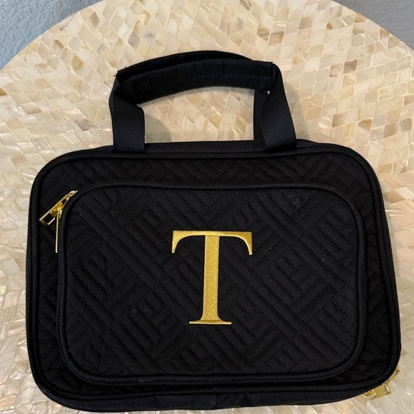 Handbags - Black Quilted Bag with Gold T Monogram MAKE UP bag